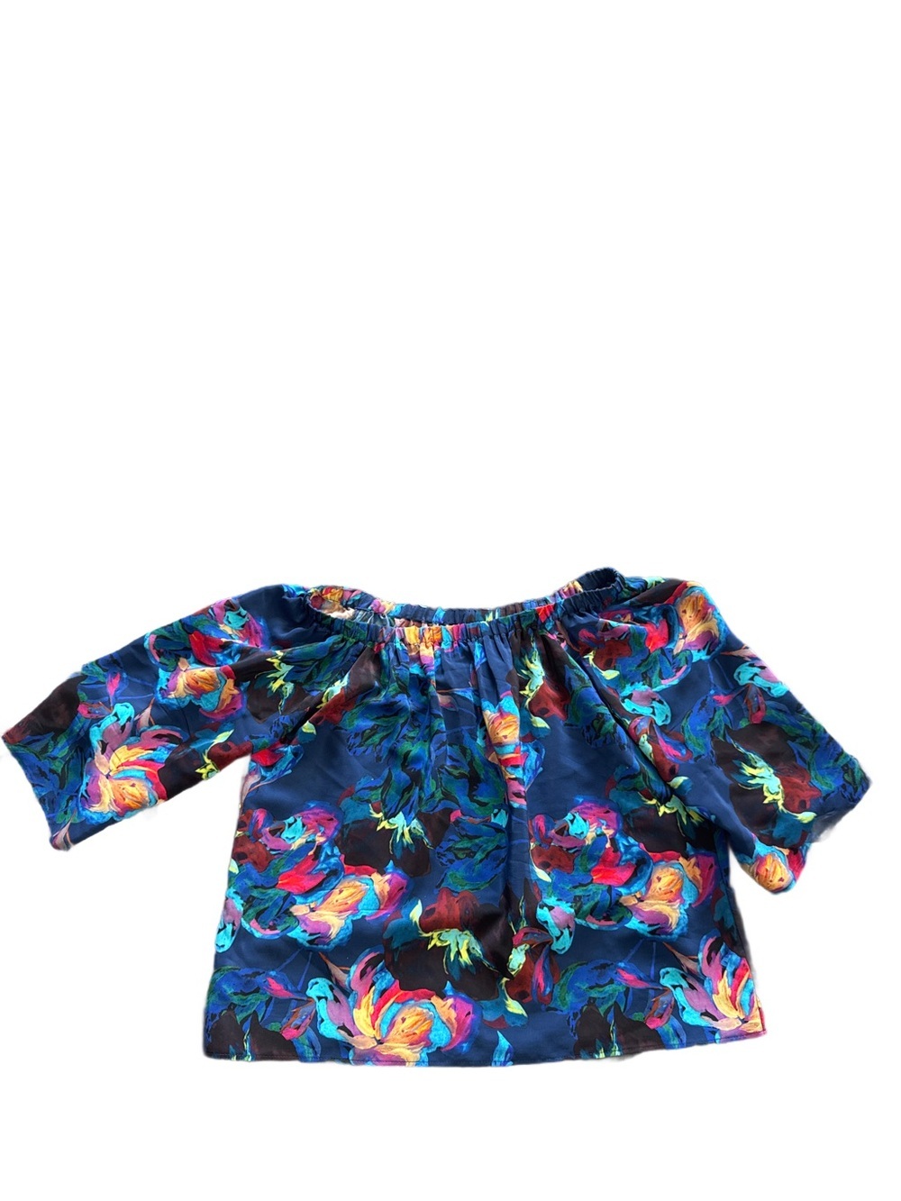 Amanda Uprichard Navy Multicolor Floral Off-Shoulder Top Small Oversized